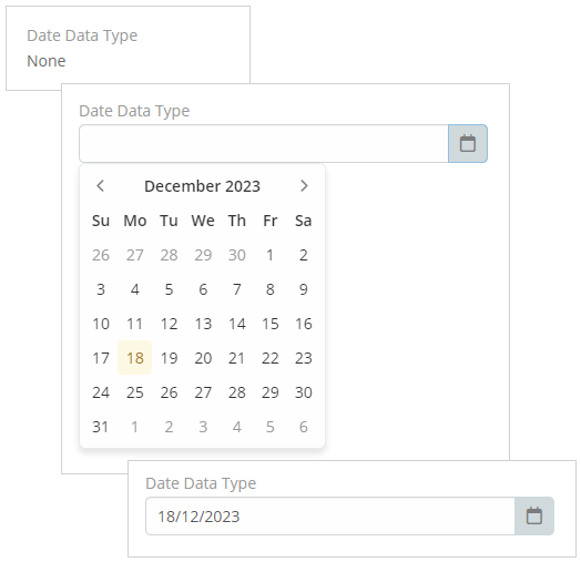 The Date data type within Mythradon serves to store and exhibit date values exclusively, devoid of any time component. Both the *Date* and *Date Time* data types present a pop-up calendar facilitating the selection of the desired date. In instances where no Default property value is specified, the calendar defaults to the current date. This interactive calendar incorporates numerous user-friendly functionalities, streamlining the selection of valid dates by swiftly navigating through days, months, years, decades, and centuries.
The format in which dates are displayed is determined by the User's preference settings, such as MM-DD-YYYY or DD-MM-YYYY. Within the *Date* data type, various properties contribute to date validation by allowing cross-checking of entered dates against other date field values within the same record or a specified number of days from the current system date. Moreover, an additional property controls the presentation of terms like 'today', 'yesterday', or 'tomorrow' instead of the selected date, improving user readability and ease of understanding.