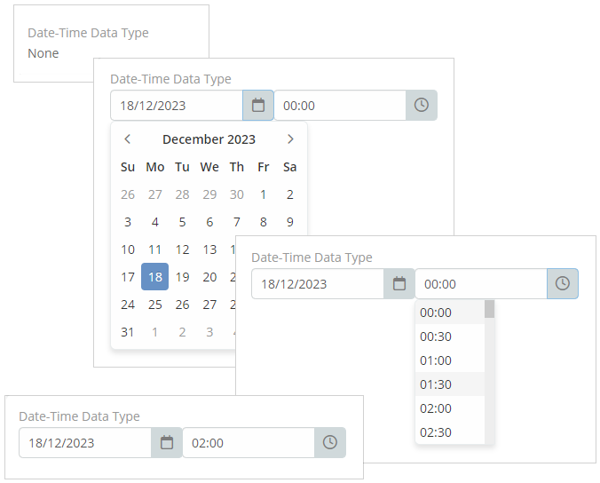The Date-Time data type in Mythradon is like the Date type but also includes time. It saves dates and times in a special time zone (UTC) but shows them in your chosen time zone and format. Date-Time has two separate fields, one for the date and another for the time. You can adjust how time is shown using the Minute Step property to control the small units of time shown. The Date-Time calendar works the same as the Date calendar, making it easy to choose dates and times. It has features similar to the Date type, making it simple to work with both dates and times in Mythradon.