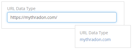 The URL data type in Mythradon is used specifically for web page links. It lets you manage the text's length and decide if trailing forward slashes in the URL should be removed when saved. After saving, the value acts as a clickable hyperlink, enabling users to open the linked web page in a new browser tab by clicking on it.